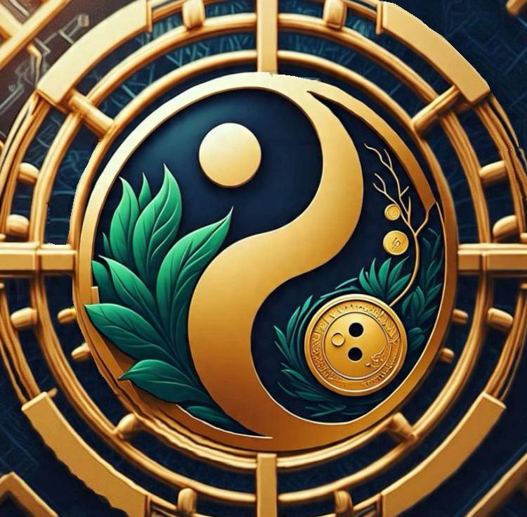 Gold yin-yang emblem with green leaves on a dark blue background